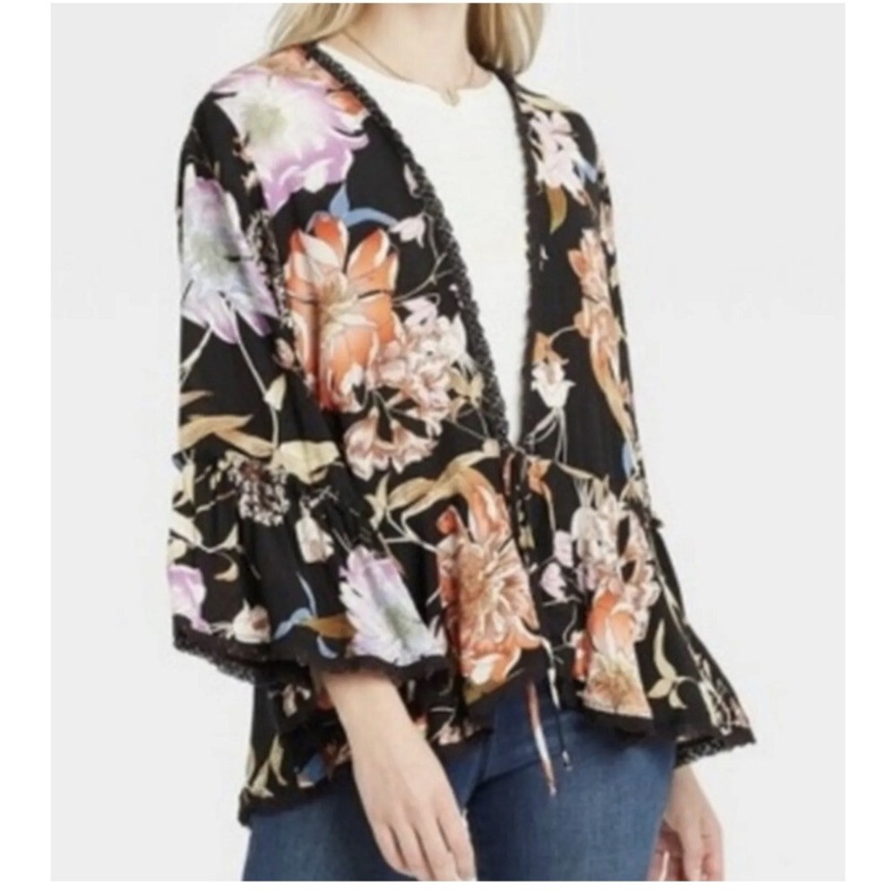 Knox Rose Cardigan Women's S Blouse Floral Lace Trim Tie Front Bell Sleeve Boho